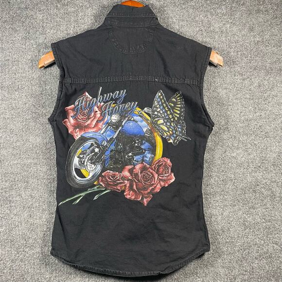 Bikers Edge Button Up Motorcycle Vest Women's XS Black Sleeveless Floral Biker - Picture 8 of 9